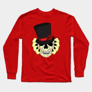 Magician Skull Wearing Top Hat and Deck of Cards Long Sleeve T-Shirt